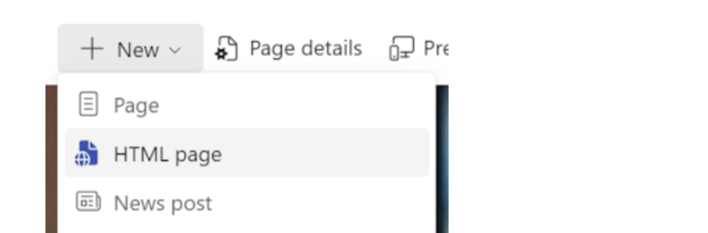 HTML page option in the SharePoint New menu